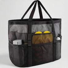 AIYYIPA 1 pieza Bolso de playa grande de malla negra de AIYYIPA - a prueba de , ligero y plegable con cremallera y bolsillos adicionales para juguetes de piscina, artículos esenciales de playa y artículos esenciales para vacaciones, material de nailon duradero, bolso esencial de playa | Diseño de bolso grande | Asa resistente, gran capacidad, bolso de playa rentable.