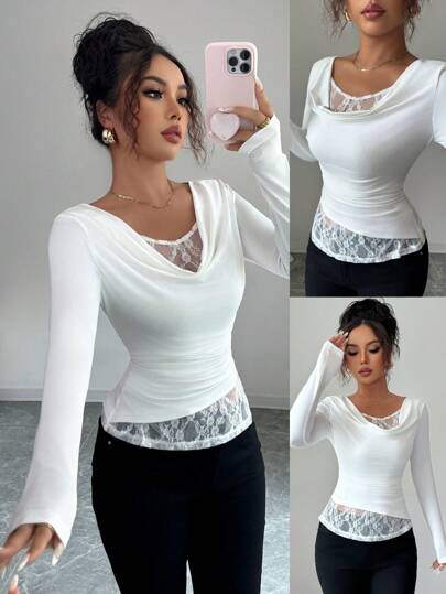 Damen Weißes Spitzen-Patchwork Slim Fit Rollkragen Langarm T-Shirt, Lässig Wear, elegant für Dates