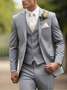 Men's Three-Piece Suit Set, Suitable For Business Casual And Wedding Formal Occasions, As Well As Attire For Official Office, Parties, Holidays And Travel, Featuring A Slim-Fit Classic Style. - 灰色 - 查看 1