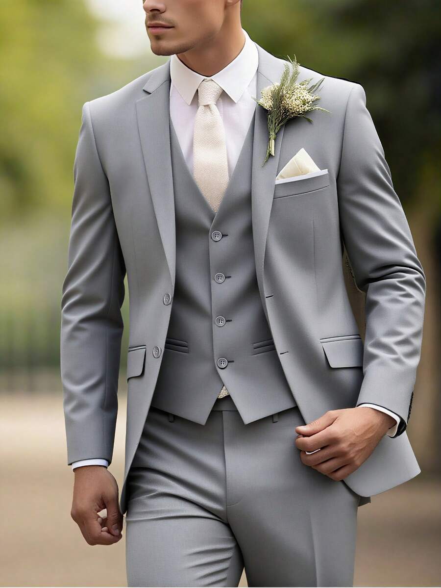 Men's Three-Piece Suit Set, Suitable For Business Casual And Wedding Formal Occasions, As Well As Attire For Official Office, Parties, Holidays And Travel, Featuring A Slim-Fit Classic Style. - 灰色 - 查看 1