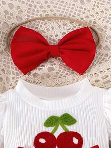 Baby Girl Cherry Embroidered Bow Decor 2 In 1 Bubble Long Sleeve Bodysuit Dress With Bow Headband And 1 Pair Bow Decor Socks Cute Set
