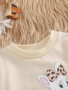 女婴杏色长袖大蝴蝶结上衣和棕色蝴蝶结喇叭裤套装，秋冬 - 杏色 - 查看 3