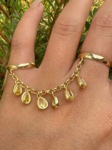 1pc Fashion Copper Zirconia Stone Linked Finger Ring With Dangling Rhinestone Chain, Women's Jewelry For Wedding, Party, Wedding Season Gift