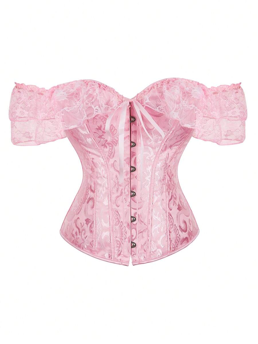 Damen Jacquard Geraffter Taille Spitze Träger Korsett Top mit Off-Shoulder Ausschnitt, geeignet für Silvester Party, Valentinstag