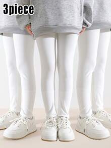 3 Pairs Girls' Solid Color Basic Ankle Length Leggings, Suitable For All Seasons - White - View 4