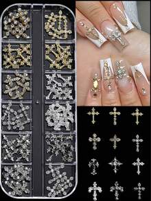 12Grids/Box Y2K Cross Mixed Style 3D Nail Art Rhinestone,Punk Gothic Alloy Cross Nail Decoration Accessories,Mixed 3D Nail Art Decoration For Manicure Supplies - Multicolor - View 1