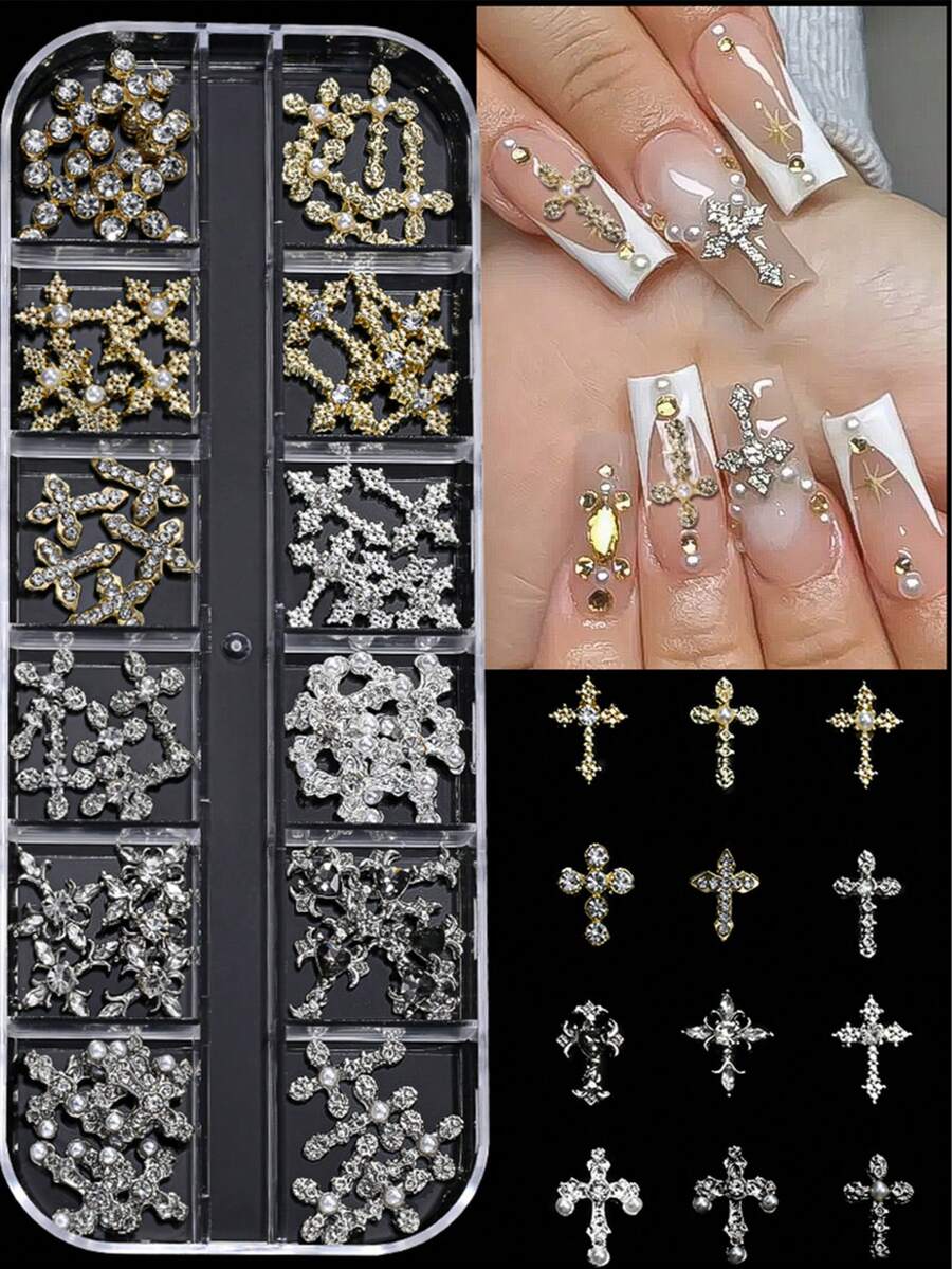 12Grids/Box Y2K Cross Mixed Style 3D Nail Art Rhinestone,Punk Gothic Alloy Cross Nail Decoration Accessories,Mixed 3D Nail Art Decoration For Manicure Supplies - Multicolor - View 1