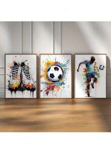 3pcs/Set Soccer Wall Art Set - Football Themed Prints For Boys Bedroom, Youngsters Room & For Man Cave Decor - Vibrant Sports Artwork For Living Room, Office, Game Room - Perfect Birthday Gift For Soccer Fans & Home Decor Enthusiasts, Unframed - Multicolor - View 1