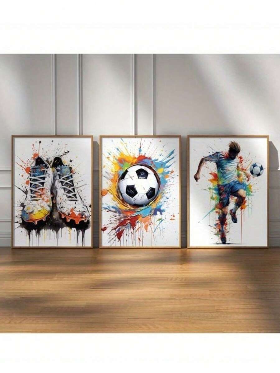 3pcs/Set Soccer Wall Art Set - Football Themed Prints For Boys Bedroom, Youngsters Room & For Man Cave Decor - Vibrant Sports Artwork For Living Room, Office, Game Room - Perfect Birthday Gift For Soccer Fans & Home Decor Enthusiasts, Unframed - Multicolor - View 1