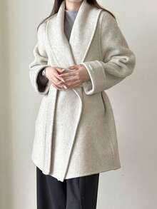 Long Sleeve Shawl Collar Wrap Wool Blend Overcoat For Women Regular Length Belted With Pockets Loose Fit Drop Shoulder Style For Autumn/Winter. - Oatmeal - View 7