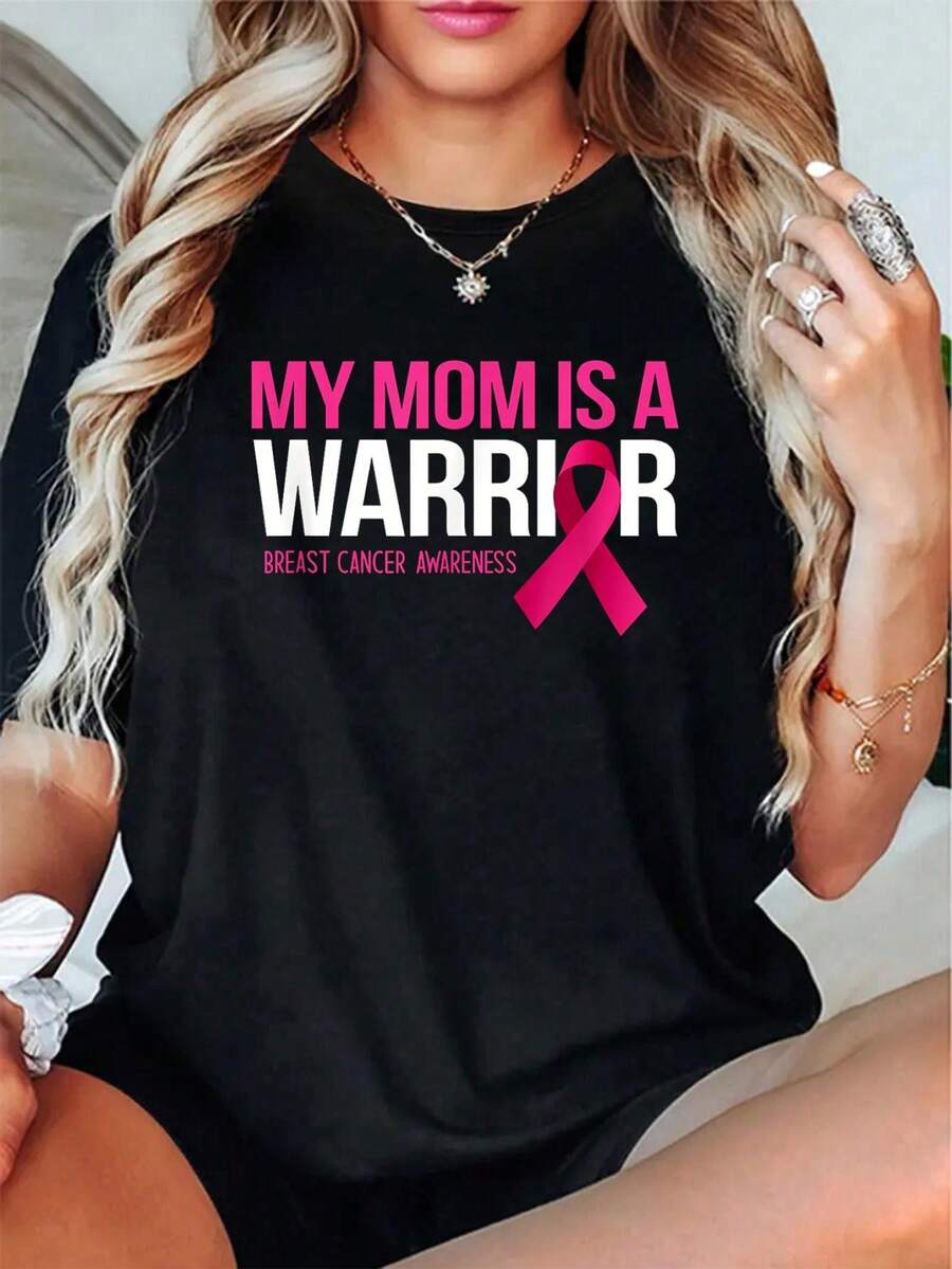 100% Algodón Unisex Mi Mamá es una Guerrera Concientización sobre el Cáncer de Mama Camiseta de Apoyo Familiar, Camiseta de Manga Corta Impresa de Otoño e Invierno - Negro - Ver 1