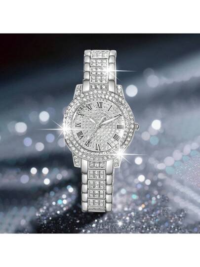 Horloge Set Elegante Quartz Jewelry Set, Round Watch, Rhinestone Necklace, Earrings, Ring, Bracelet Perfect Everyday Wear, Birthday s, Parties, Holiday Gatherings, As The Ideal Yourself Or Friends No Box view 4