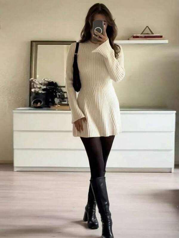 Vestidos de suéter de unicolor de moda para mujer, con detalles de comodidad y estilo informal