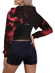 Sudadera corta con capucha de manga larga con cordón para mujer - Negro Rojo - Ver 5