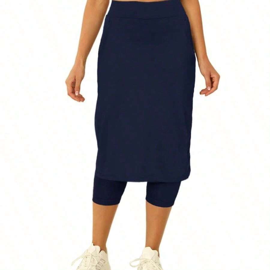Fisoew Women Tennis Skorts With Pockets Golf Workout Skirted Leggings Yoga Capri Pants Summer Activewear Running Fitness Skirts - 深藍色 - 查看 1