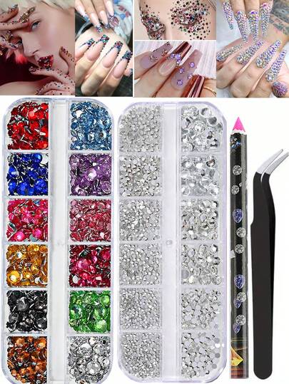 2 boîtes de pierres de visage, pierres de visage, breloques pour ongles, strass multicolores à dos plat avec outils de nail art, outils de pointage, pierres de strass pour maquillage, nail art, décoration de corps et de cheveux, artisanat