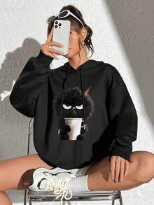 Plus Size Cat Print Hooded Sweatshirt For Women, Casual Long-Sleeved Patterned Sweatshirt For Back-To-School Season - Black - View 3