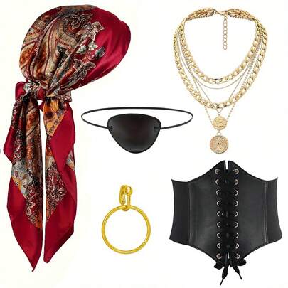 5pcs Pirate Costume Accessories Set: Headscarf, Belt, Necklace, Earrings, Eye Patch, Essential Items For Women's Pirate Themed Party, Masquerade, Halloween Costume, And Daily Role-Playing