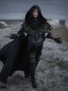 男女通用纯色天鹅绒成人全长连帽长袍斗篷搭配经典哥特式羽毛斗篷套装万圣节服装 - 彩色 - 查看 2