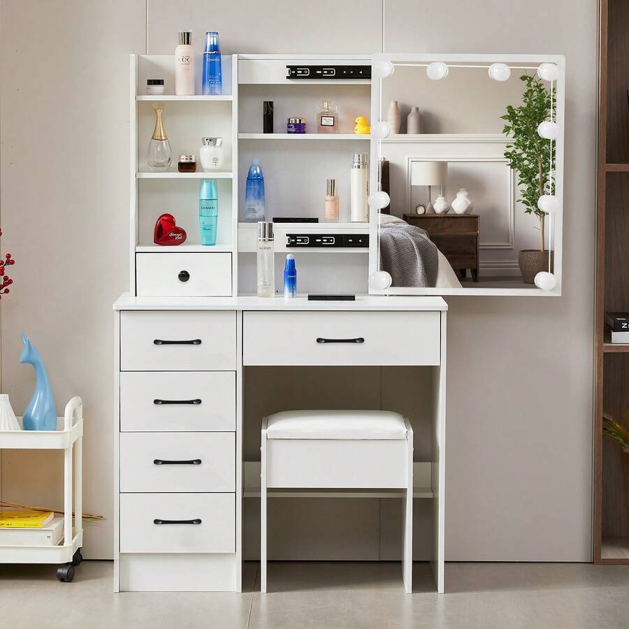 White Dressing Table With Drawers LED Mirror Stool Set Make Up Desk Vanity Table - White - View 1
