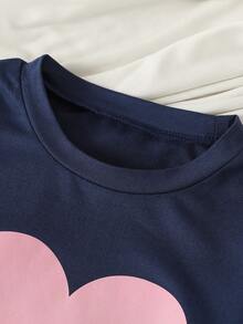 2 件套女童睡衣套装，可爱心形印花海军蓝长袖 T 恤和休闲长裤，2025 年秋季新品 - 藍色 - 查看 2