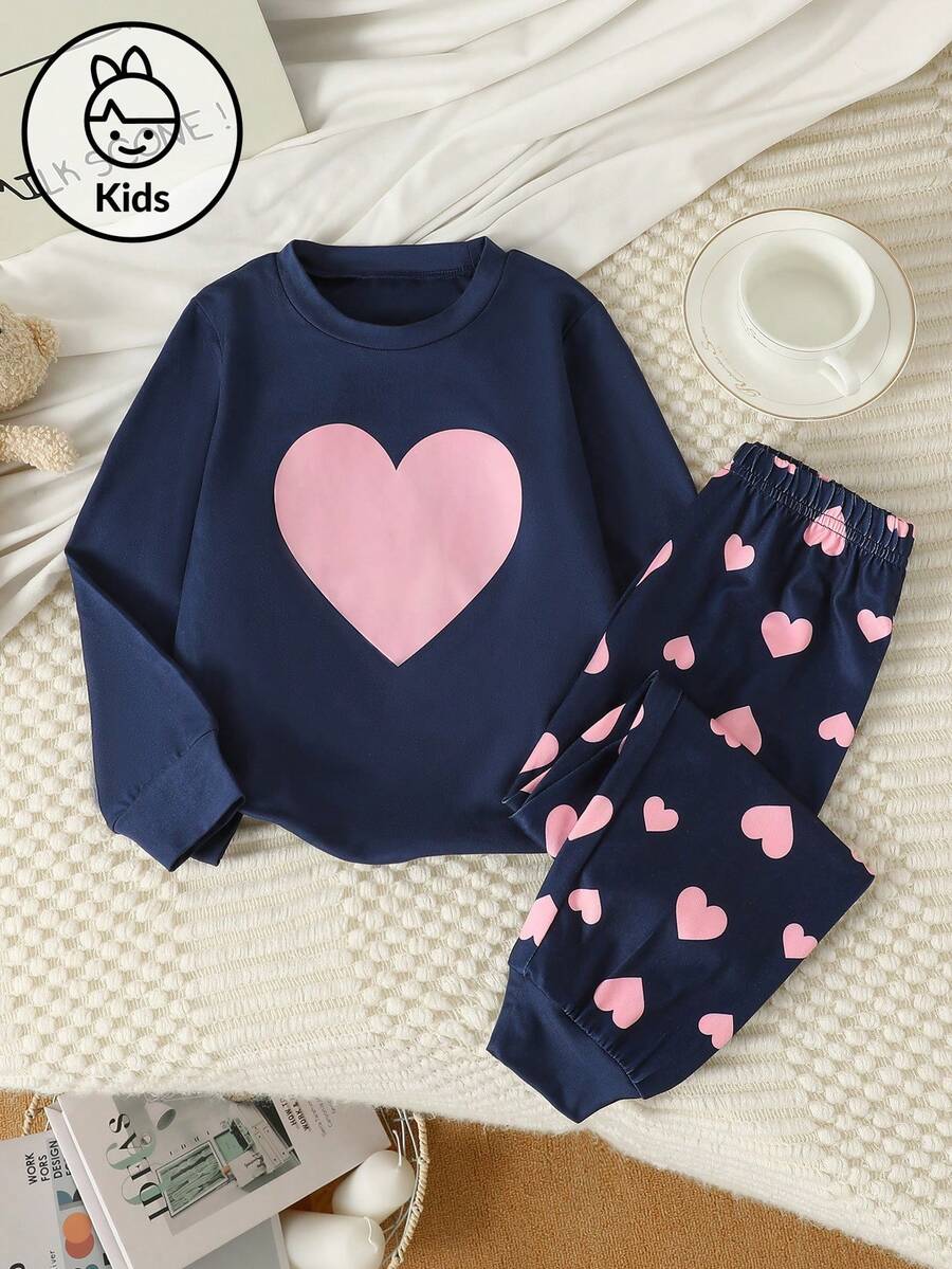 2 件套女童睡衣套装，可爱心形印花海军蓝长袖 T 恤和休闲长裤，2025 年秋季新品 - 藍色 - 查看 1