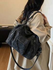 大容量超热高端手感包包新款单肩斜挎包商务旅行行李包女士时尚休闲复古百搭手提包简约托特包中世纪摩托包 - 黑色 - 查看 3