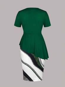 大码女式优雅纯绿色上衣和性感紧身裙两件套，夏季 - 綠色 - 查看 5