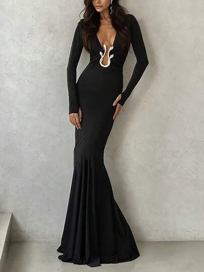 Elegant Solid Color Sexy Deep V-Neck Hollow Out Fitted Long Sleeve Dress