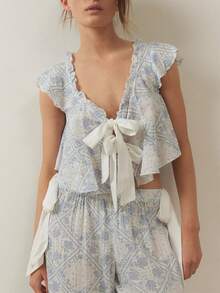 Women 2 Piece Tie Up Pajamas Lounge Set Y2k Floral Print Tie Front Fly Sleeves Shirt Tops And Wide-Leg Elastic Pants For Two Piece Loungewear Soft Sleepwear Outfits - 淺藍色 - 查看 4