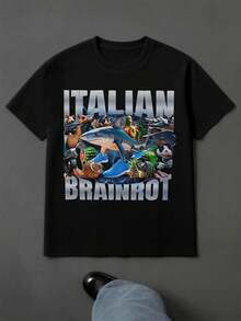 Italian Brainrot Shark Tee , Men's 220gsm New Summer Casual Crew Neck Pure Cotton Short-Sleeved T-Shirt(1 PC) - 黑色 - 查看 2