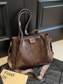 New Elegant Patchwork PU Leather Tote Bag, Simple Fashion Foldable Large Capacity Handbag For Women, Daily Work Commute Travel Casual Bag, Great Gift For Mom - Coffee Brown - View 5