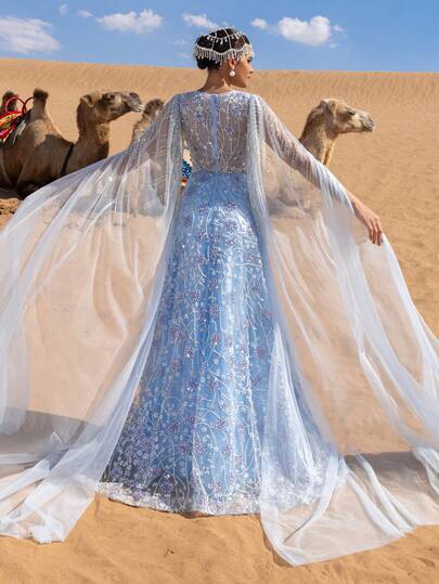 Faeriesty Elegant Beaded Floral Pattern Long Evening Gown, Paired With Sheer Shawl And Delicate Train, Suitable For Enchanted Garden Soiree, Romantic Celebration, And Bridal Fantasy Show.