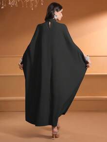 Elegant Black Long Woven Fabric Abaya With Beaded Embroidery Tie Neck And Batwing Half Sleeves - Black - View 3