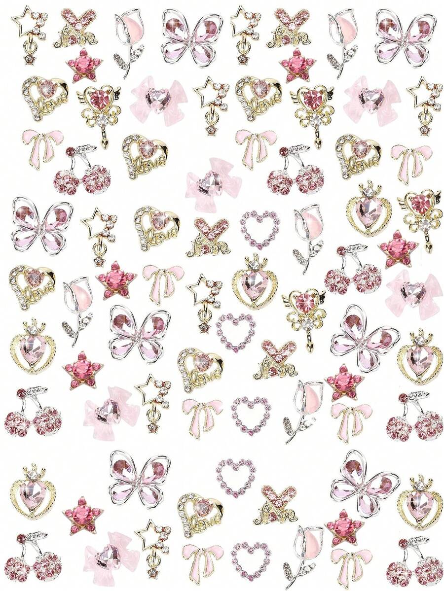 24pcs Butterfly & Heart Shaped 3D Nail Art Decorations, Silver Butterfly Pendants, Suitable For Nails, Assorted Nail Gems, Women Manicure, Butterfly & Heart Design - Multicolor - View 1