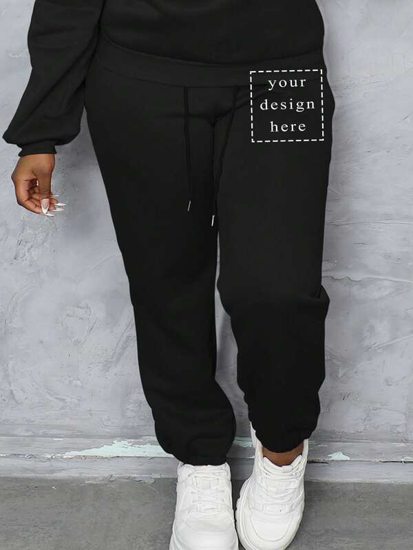 Customized Photo Plus Size Sporty Lounge Pants, Women's Casual Drawstring Warm Fleece Home Wear Joggers For Fall & Winter, Cozy