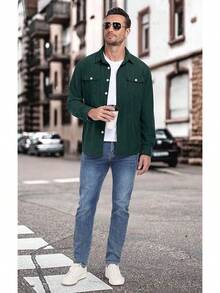 Men's Corduroy Button Down Long Sleeve Casual Shacket Western Shirt With Flap Pockets, 2025 Style - A07 深綠色 - 查看 3