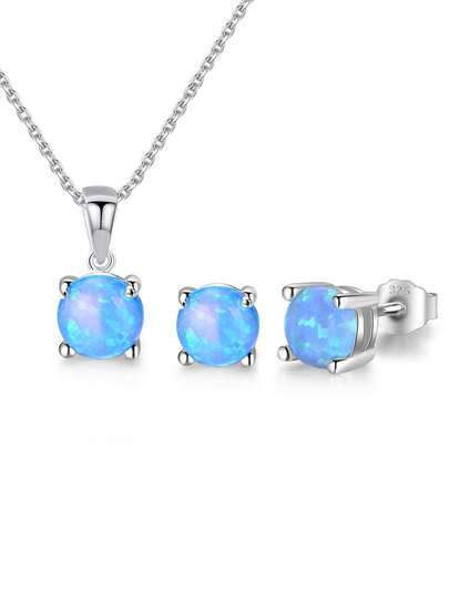 1 Set de Pendientes de Botón y Collar con Colgante de Ópalo de Fuego Azul Místico de Plata de Ley 925, Regalo de Compromiso/Fiesta/Vacaciones para Mujeres
