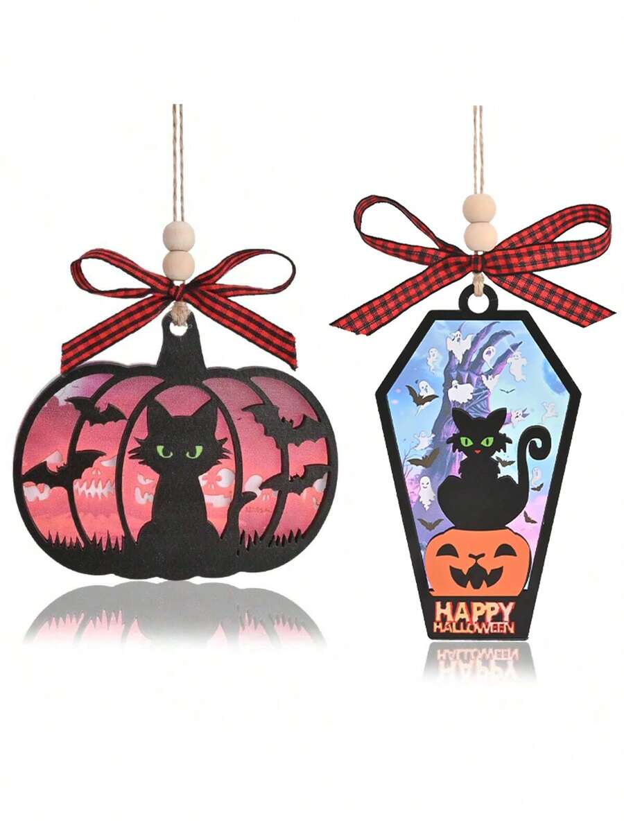 1pc/2pcs Halloween Black Cat Pumpkin 3D Laser Engraved Wooden&Acrylic Gift, Happy Halloween Gift, Not Scary Halloween Decoration, Bedroom Decor Room Decor Party Decor Living Room Christmas Tree Decor - Multicolor - View 1