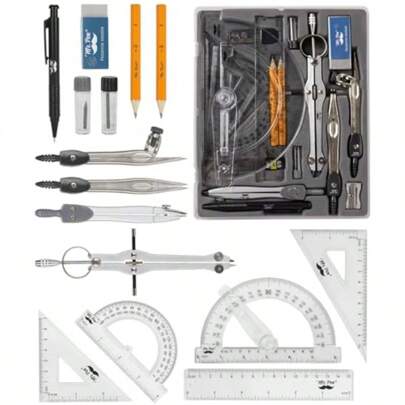 TLL  Geometry Set With 6 Inch Swing Arm Protractor Divider Set Squares Ruler Compasses And Protractor 15 Piece Set Back To School SuppliesTLL2574