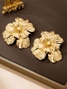 1 对时尚优雅的金属金花珍珠吊坠耳环，适合女性日常、派对和节日装扮 - 金黃色 - 查看 6