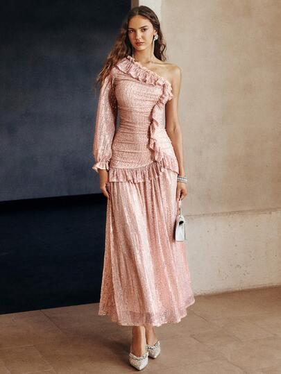 Simplee Women's Spring/Summer New Asymmetric Design Sequin Pleated Ruffle Trim Long Evening Gown Dress, Suitable For Wedding, Party, Birthday