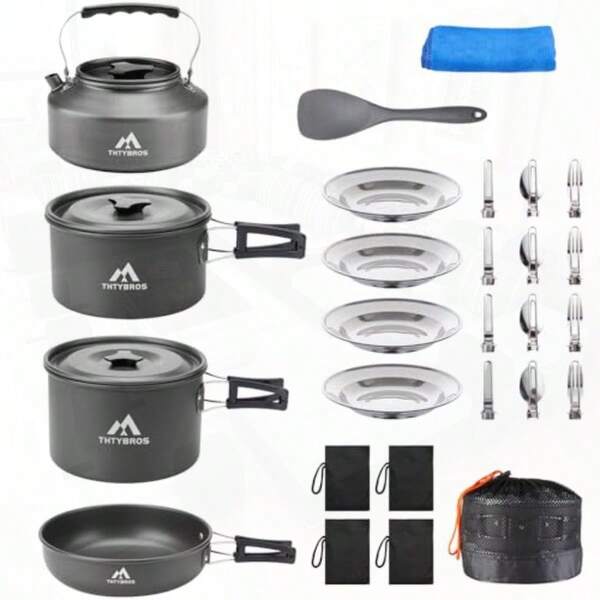 RIS27pcs Camping Cookware M Kit For 24 People Portable Cookware Set With Kettle Pots And Pans Stainl Steel Utensils Plates Dishware For Backpacking Picnic Outdoor Adentures