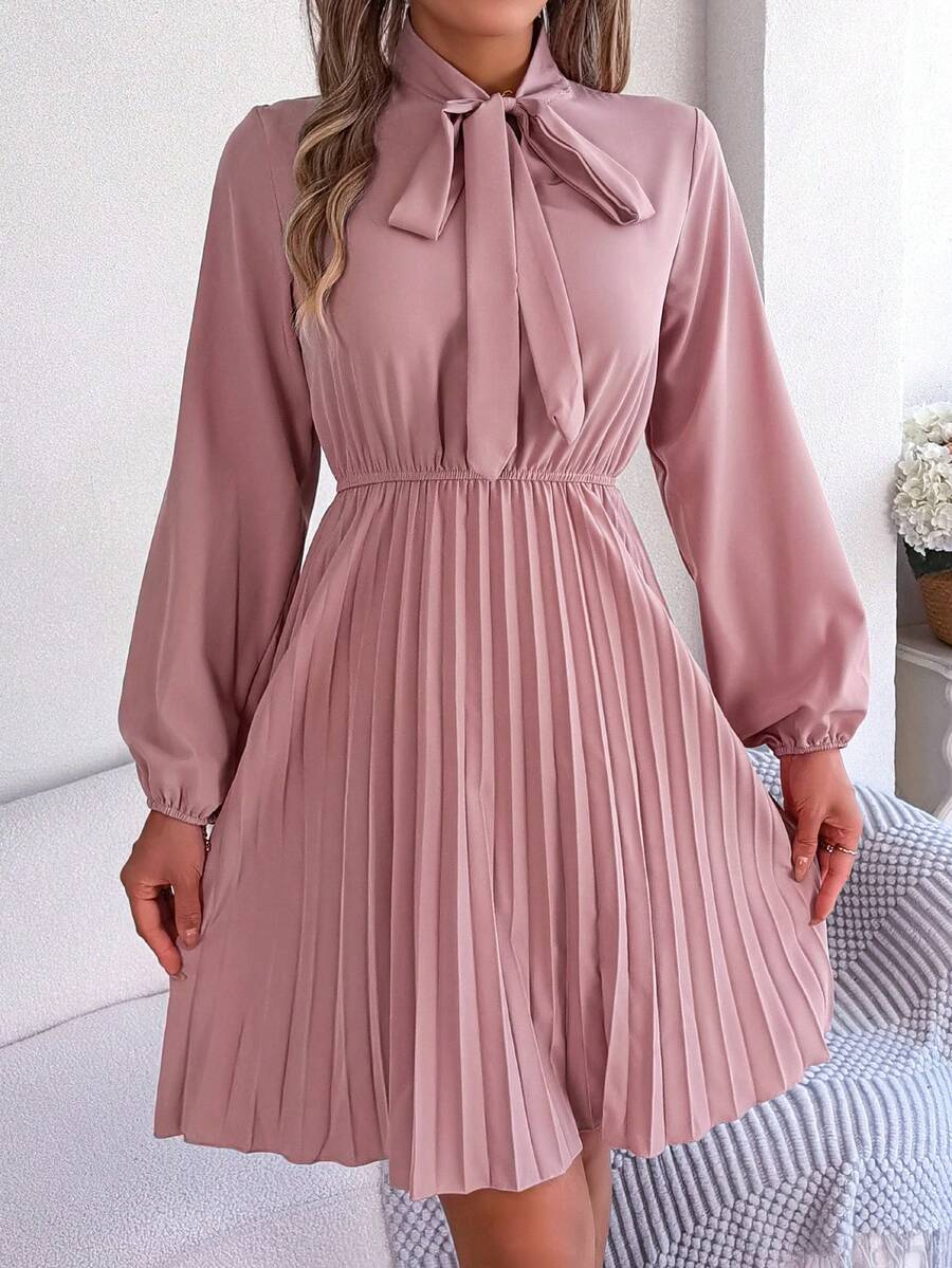 Women Fall Vacation Elegance V Neck Solid Tie Waist Ruffle Hem Pleated Midi Dress Long Sleeve Wedding Dress Pink - 淺粉色 - 查看 1