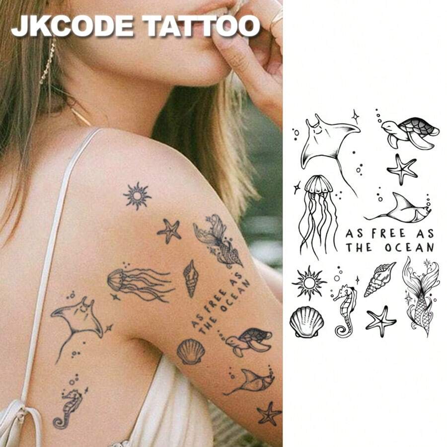 JKCODE TATTOO 海洋极简纹身 - 草本临时纹身，INS 风格 - 海洋主题，岛屿设计 - 海龟、海星、贝壳、水母、夏日海滩 - 适合女性的可爱纹身时尚配饰，手指、手、颈部，15 天防水