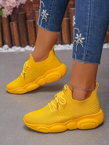 Teenagers' Lace-Up Fashion Casual Shoes, Knitted Comfortable Breathable Sneakers - Yellow - View 6