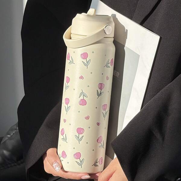 زجاجة مياه معزولة بتصميم بسيط سعة 800 مل - قارورة سفر مثالية مع قش ومقبض للترطيب في المكتب والتنزه والتخييم والحفلات والسفر - هدية مثالية للعائلة والأصدقاء في موسم العودة إلى المدارس