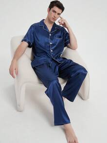 Plus Size Men's Summer Pajama Set - Casual V-Neck Short Sleeve Button-Up Top And Pants, Breathable Polyester, Machine Washable, Large