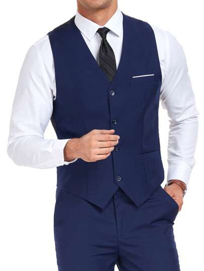 Furuyal Men's Suits Vest Gentleman Solid Single Breasted Slim Fit Fashion Wedding Suit For Men Vest Tie Set Business Party Travel Prom Navy Blue Size XS-3XL