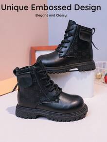 1双儿童新款黑色平底靴，幼儿马靴，朋克风格压花工艺侧拉链设计，适合2-15岁儿童，适合全年外出和聚会 - 黑色 - 查看 3